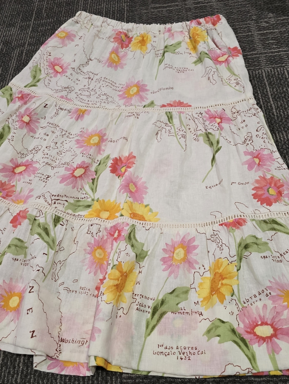 Floral Tiered Midi Skirt in White with Pink & Yellow Flowers